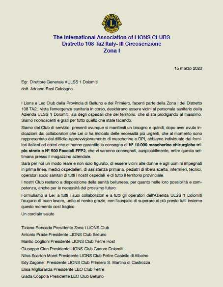 lions belluno donazione mascherine coronavirus
